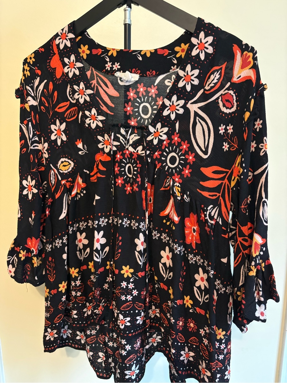 Women’s Easel Floral Peasant Blouse - Black with Reddish/Orange Flowers